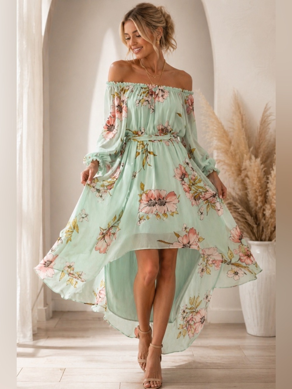 Yarn & Sea Women’s Teal Floral Chiffon Hi-Low Dress Sz M Wedding Guest Fairycore